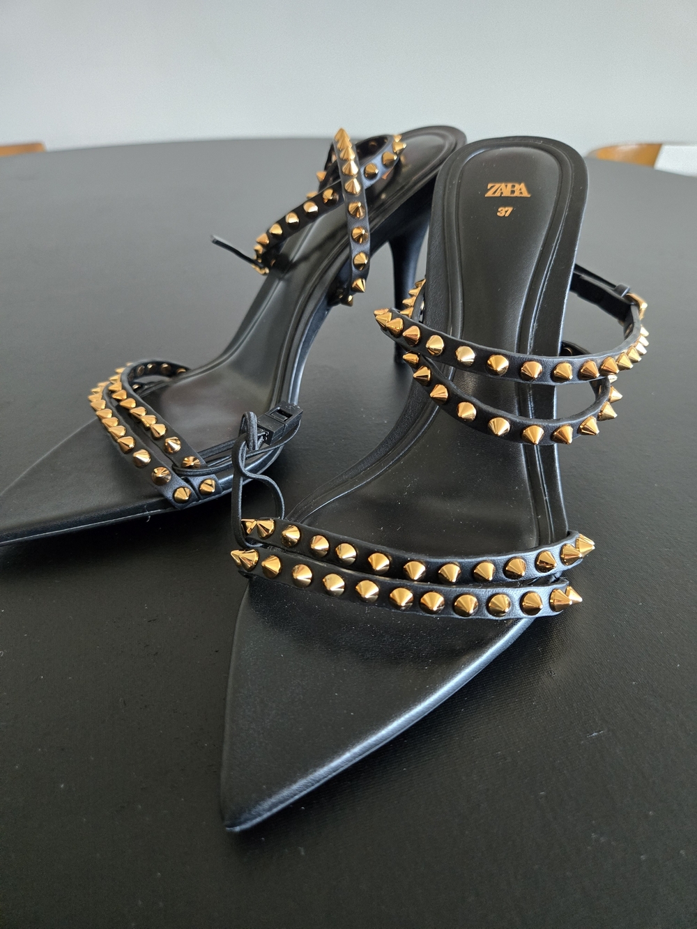 ZARA Black Gold Studded Pointed Toe Strappy Heeled Sandals Sz 37 - Picture 5 of 10